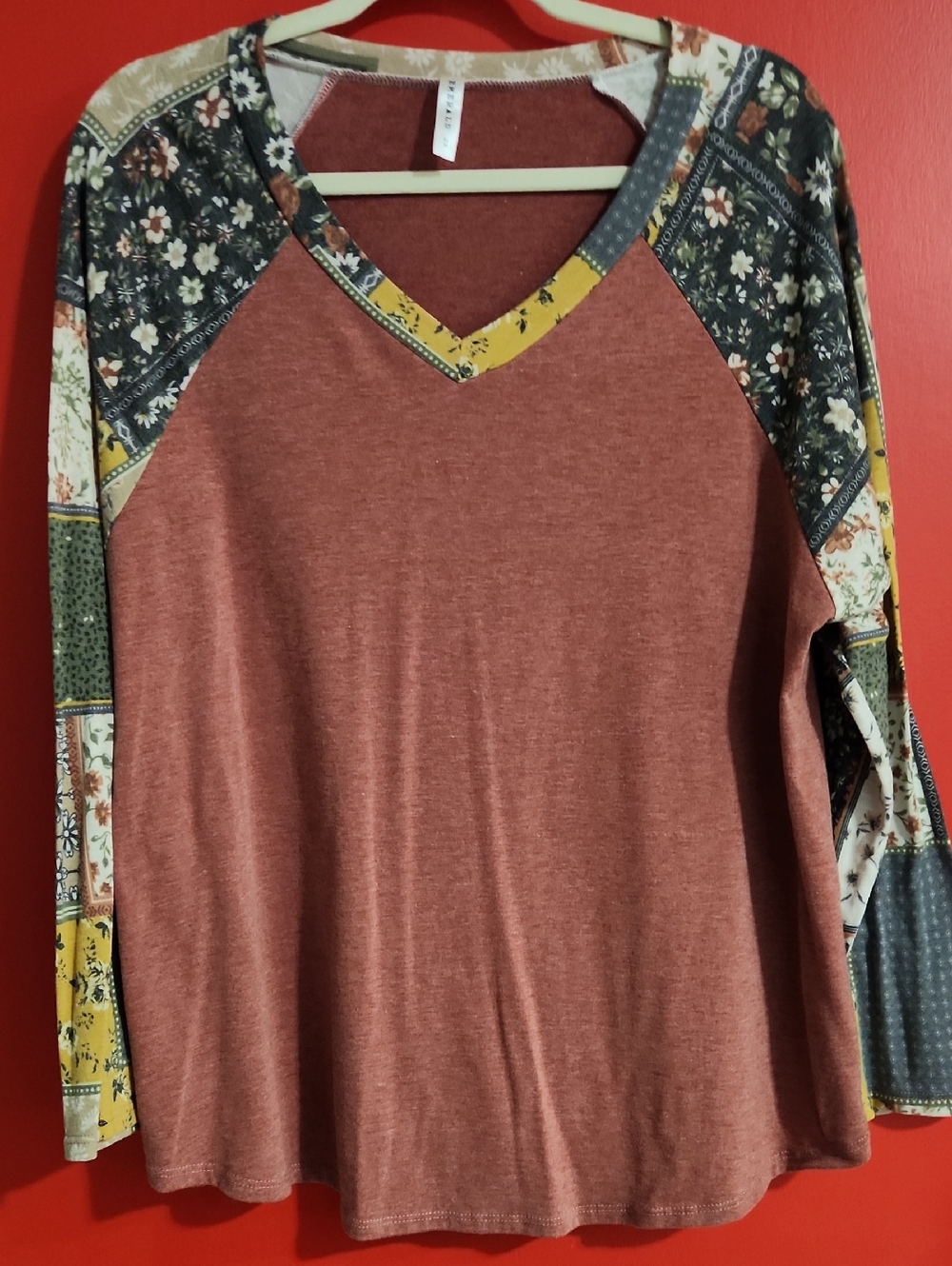 2XL Emerald Dusty Rose  Patchwork Raglan Sleeve V-Neck Top